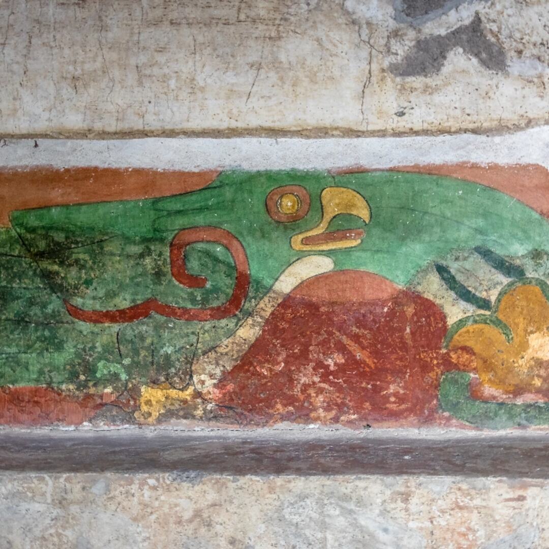green birds mural in the temple of the feathered eagle